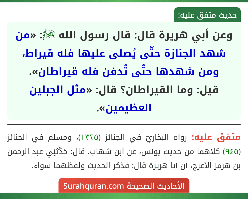 وعن أبي هريرة قال: قال رسول الله ﷺ: «من شهد الجنازة حتّى يُصلى عليها فله قيراط، ومن شهدها حتّى تُدفن فله قيراطان».
قيل: وما القيراطان؟ قال: «مثل الجبلين العظيمين».