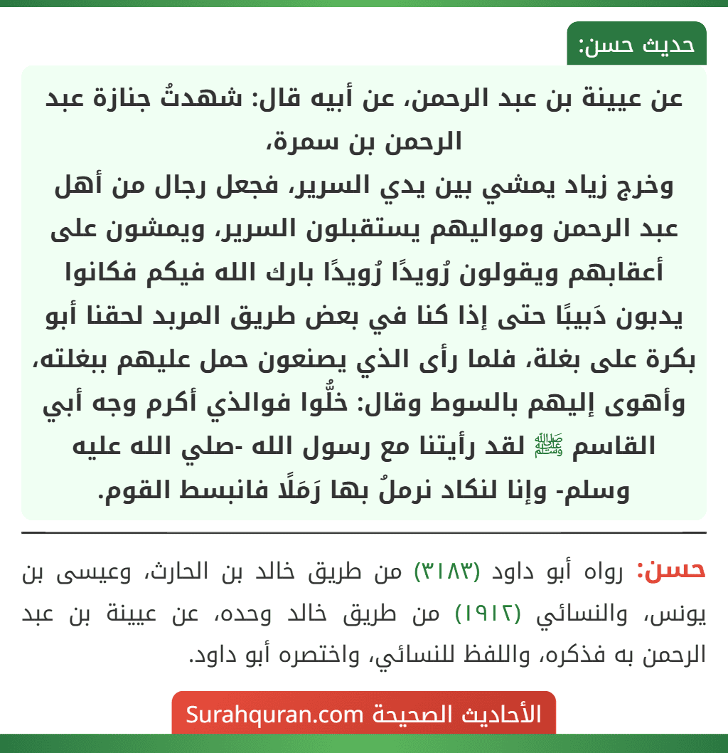 عن عيينة بن عبد الرحمن، عن أبيه قال: شهدتُ جنازة عبد الرحمن بن سمرة،
وخرج زياد يمشي بين يدي السرير، فجعل رجال من أهل عبد الرحمن ومواليهم يستقبلون السرير، ويمشون على أعقابهم ويقولون رُويدًا رُويدًا بارك الله فيكم فكانوا يدبون دَبيبًا حتى إذا كنا في بعض طريق المربد لحقنا أبو بكرة على بغلة، فلما رأى الذي يصنعون حمل عليهم ببغلته، وأهوى إليهم بالسوط وقال: خلُّوا فوالذي أكرم وجه أبي القاسم ﷺ لقد رأيتنا مع رسول الله -صلي الله عليه وسلم- وإنا لنكاد نرملُ بها رَمَلًا فانبسط القوم.