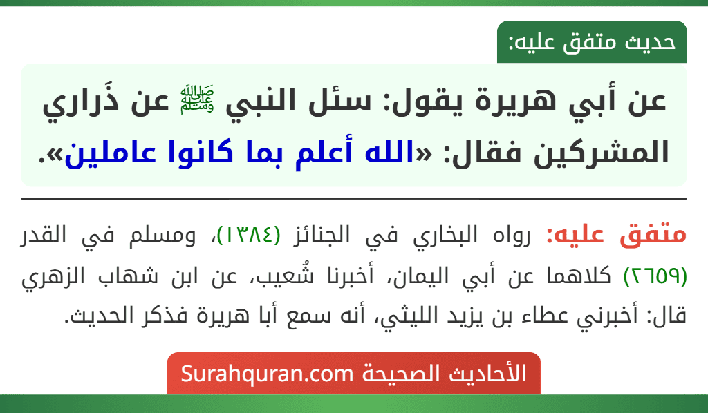 عن أبي هريرة يقول: سئل النبي ﷺ عن ذَراري المشركين فقال: «الله أعلم بما كانوا عاملين».