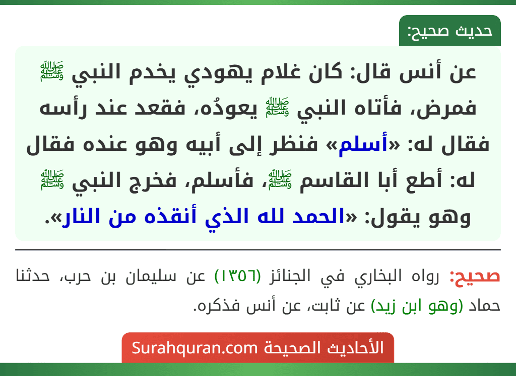 عن أنس قال: كان غلام يهودي يخدم النبي ﷺ فمرض، فأتاه النبي ﷺ يعودُه، فقعد عند رأسه فقال له: «أسلم» فنظر إلى أبيه وهو عنده فقال له: أطع أبا القاسم ﷺ، فأسلم، فخرج النبي ﷺ وهو يقول: «الحمد لله الذي أنقذه من النار».