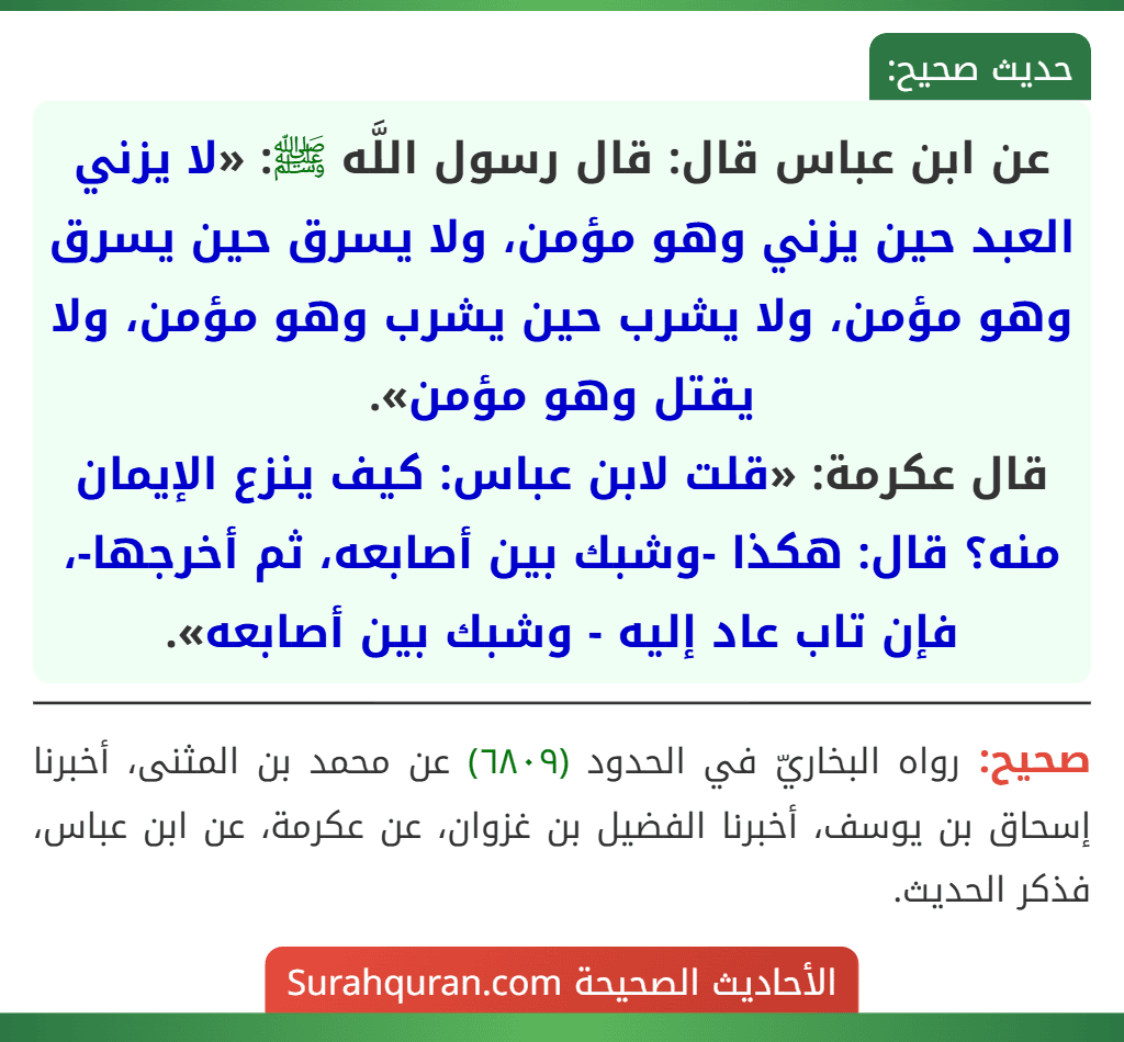 عن ابن عباس قال: قال رسول اللَّه ﷺ: «لا يزني العبد حين يزني وهو مؤمن، ولا يسرق حين يسرق وهو مؤمن، ولا يشرب حين يشرب وهو مؤمن، ولا يقتل وهو مؤمن».
قال عكرمة: «قلت لابن عباس: كيف ينزع الإيمان منه؟ قال: هكذا -وشبك بين أصابعه، ثم أخرجها-، فإن تاب عاد إليه - وشبك بين أصابعه».