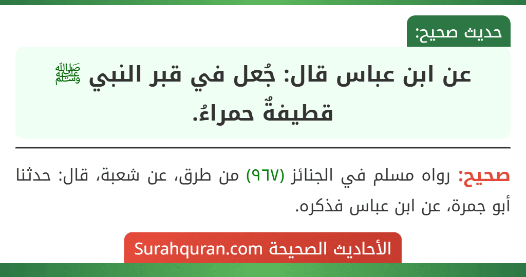 عن ابن عباس قال: جُعل في قبر النبي ﷺ قطيفةٌ حمراءُ.