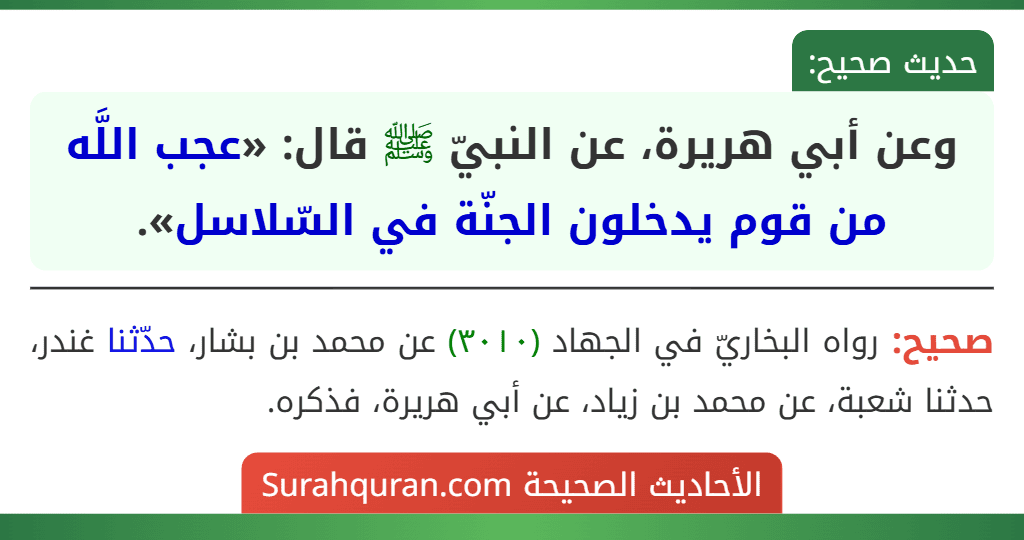 وعن أبي هريرة، عن النبيّ ﷺ قال: «عجب اللَّه من قوم يدخلون الجنّة في السّلاسل».