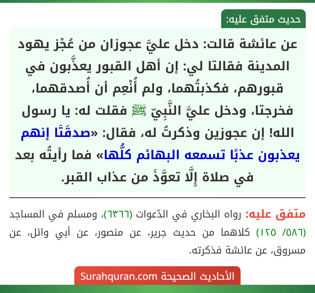 عن عائشة قالت: دخل عليَّ عجوزان من عُجْز يهود المدينة فقالتا لي: إن أهل القبور يعذَّبون في قبورهم، فكذبتُهما، ولم أُنْعِم أن أُصدقهما، فخرجتا، ودخل عليَّ النَّبِيّ ﷺ فقلت له: يا رسول الله! إن عجوزين وذكرتُ له، فقال: «صدقَتَا إنهم يعذبون عذبًا تسمعه البهائم كلُّها» فما رأيتُه بعد في صلاة إِلَّا تعوَّذَ من عذاب القبر.