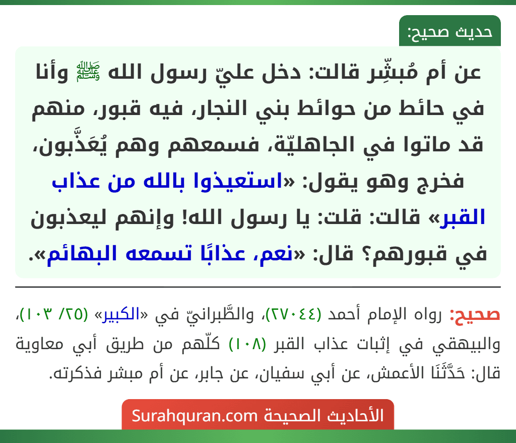 عن أم مُبشِّر قالت: دخل عليّ رسول الله ﷺ وأنا في حائط من حوائط بني النجار، فيه قبور، منهم قد ماتوا في الجاهليّة، فسمعهم وهم يُعَذَّبون، فخرج وهو يقول: «استعيذوا بالله من عذاب القبر» قالت: قلت: يا رسول الله! وإنهم ليعذبون في قبورهم؟ قال: «نعم، عذابًا تسمعه البهائم».
