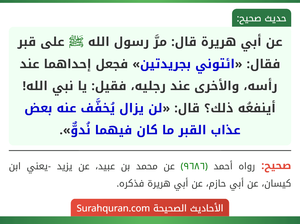 عن أبي هريرة قال: مرَّ رسول الله ﷺ على قبر فقال: «ائتوني بجريدتين» فجعل إحداهما عند رأسه، والأخرى عند رجليه، فقيل: يا نبي الله! أينفعُه ذلك؟ قال: «لن يزال يُخفَّف عنه بعض عذاب القبر ما كان فيهما نُدوٌّ».