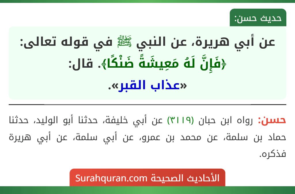 عن أبي هريرة، عن النبي ﷺ في قوله تعالى: ﴿فَإِنَّ لَهُ مَعِيشَةً ضَنْكًا﴾. قال:
«عذاب القبر».