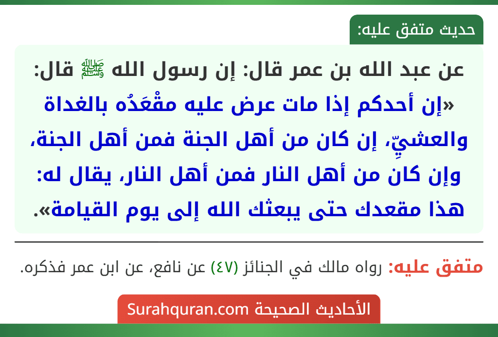 عن عبد الله بن عمر قال: إن رسول الله ﷺ قال: «إن أحدكم إذا مات عرض عليه مقْعَدُه بالغداة والعشيِّ، إن كان من أهل الجنة فمن أهل الجنة، وإن كان من أهل النار فمن أهل النار، يقال له: هذا مقعدك حتى يبعثك الله إلى يوم القيامة».