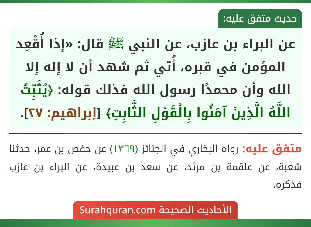 عن البراء بن عازب، عن النبي ﷺ قال: «إذا أُقْعِد المؤمن في قبره، أُتي ثم شهد أن لا إله إلا الله وأن محمدًا رسول الله فذلك قوله: ﴿يُثَبِّتُ اللَّهُ الَّذِينَ آمَنُوا بِالْقَوْلِ الثَّابِتِ﴾ [إبراهيم: ٢٧].