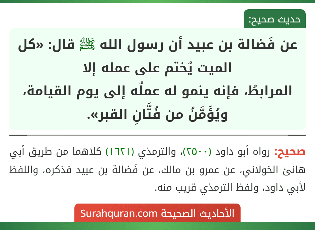 عن فَضالة بن عبيد أن رسول الله ﷺ قال: «كل الميت يُختم على عمله إلا
المرابطُ، فإنه ينمو له عملُه إلى يوم القيامة، ويُؤَمَّنُ من فُتَّانِ القبر».