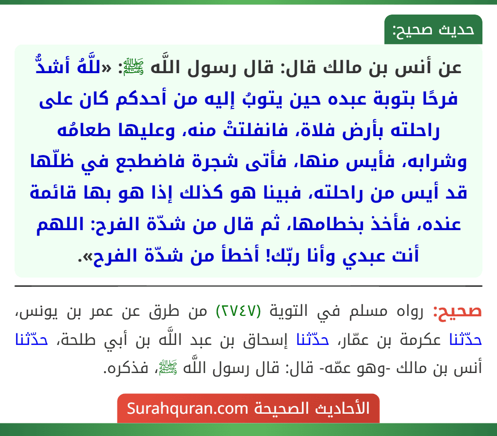 عن أنس بن مالك قال: قال رسول اللَّه ﷺ: «للَّهُ أشدُّ فرحًا بتوبة عبده حين يتوبُ إليه من أحدكم كان على راحلته بأرض فلاة، فانفلتتْ منه، وعليها طعامُه وشرابه، فأيس منها، فأتى شجرة فاضطجع في ظلّها قد أيس من راحلته، فبينا هو كذلك إذا هو بها قائمة عنده، فأخذ بخطامها، ثم قال من شدّة الفرح: اللهم أنت عبدي وأنا ربّك! أخطأ من شدّة الفرح».
