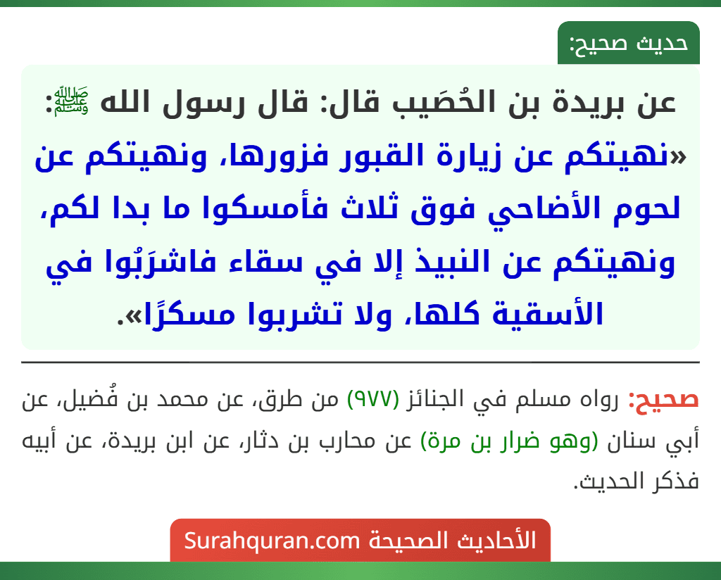 عن بريدة بن الحُصَيب قال: قال رسول الله ﷺ: «نهيتكم عن زيارة القبور فزورها، ونهيتكم عن لحوم الأضاحي فوق ثلاث فأمسكوا ما بدا لكم، ونهيتكم عن النبيذ إلا في سقاء فاشرَبُوا في الأسقية كلها، ولا تشربوا مسكرًا».