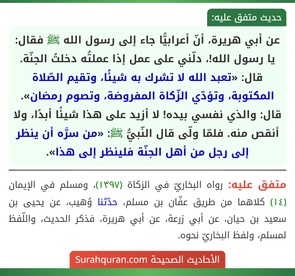 عن أبي هريرة، أنّ أعرابيًّا جاء إلى رسول الله ﷺ فقال: يا رسول الله!، دلّني على عمل إذا عملتُه دخلتُ الجنّة. قال: «تعبد الله لا تشرك به شيئًا، وتقيم الصّلاة المكتوبة، وتؤدّي الزّكاة المفروضة، وتصوم رمضان». قال: والذي نفسي بيده! لا أزيد على هذا شيئًا أبدًا، ولا أنقص منه. فلمّا ولّى قال النّبيُّ ﷺ: «من سرَّه أن ينظر إلى رجل من أهل الجنّة فلينظر إلى هذا». عن أبي هريرة، أنّ أعرابيًّا جاء إلى رسول الله ﷺ فقال: يا رسول الله!، دلّني على عمل إذا عملتُه دخلتُ الجنّة. قال: «تعبد الله لا تشرك به شيئًا، وتقيم الصّلاة المكتوبة، وتؤدّي الزّكاة المفروضة، وتصوم رمضان». قال: والذي نفسي بيده! لا أزيد على هذا شيئًا أبدًا، ولا أنقص منه. فلمّا ولّى قال النّبيُّ ﷺ: «من سرَّه أن ينظر إلى رجل من أهل الجنّة فلينظر إلى هذا».