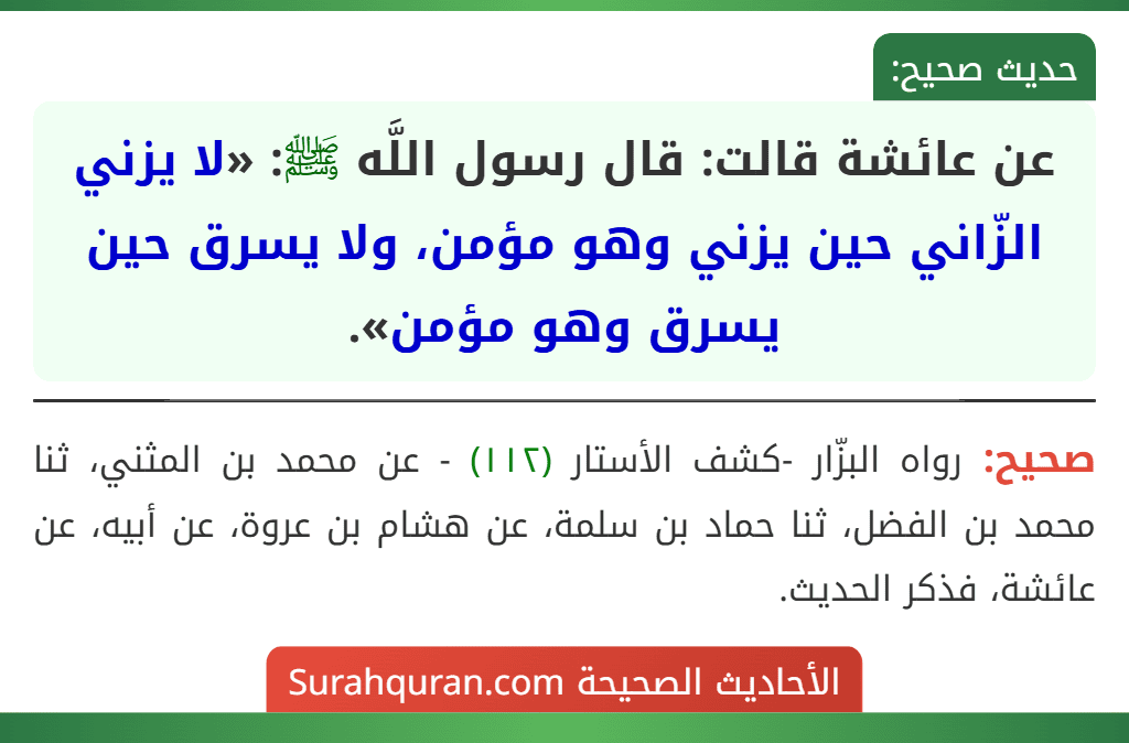 عن عائشة قالت: قال رسول اللَّه ﷺ: «لا يزني الزّاني حين يزني وهو مؤمن، ولا يسرق حين يسرق وهو مؤمن».