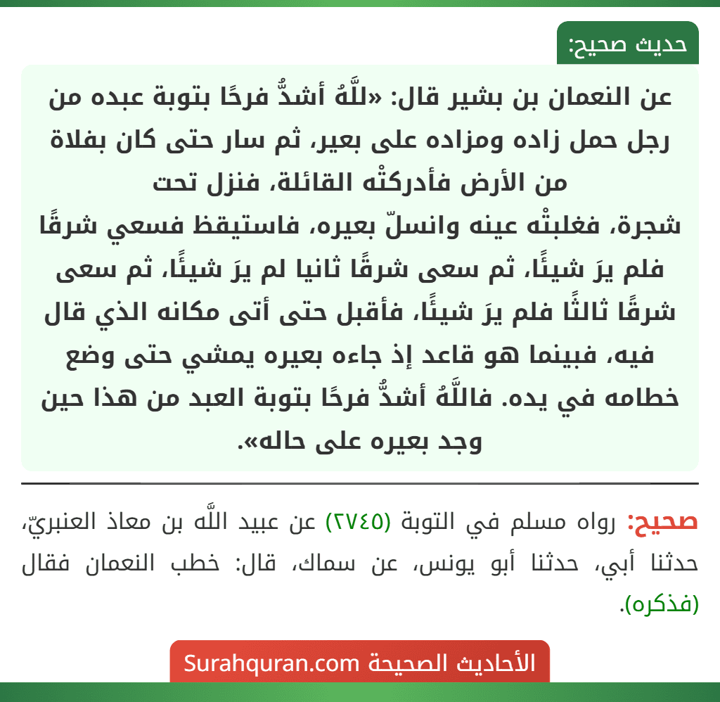 عن النعمان بن بشير قال: «للَّهُ أشدُّ فرحًا بتوبة عبده من رجل حمل زاده ومزاده على بعير، ثم سار حتى كان بفلاة من الأرض فأدركتْه القائلة، فنزل تحت
شجرة، فغلبتْه عينه وانسلّ بعيره، فاستيقظ فسعي شرقًا فلم يرَ شيئًا، ثم سعى شرقًا ثانيا لم يرَ شيئًا، ثم سعى شرقًا ثالثًا فلم يرَ شيئًا، فأقبل حتى أتى مكانه الذي قال فيه، فبينما هو قاعد إذ جاءه بعيره يمشي حتى وضع خطامه في يده. فاللَّهُ أشدُّ فرحًا بتوبة العبد من هذا حين وجد بعيره على حاله».
