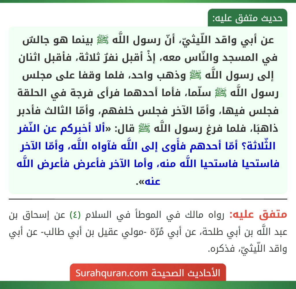 عن أبي واقد اللّيثيّ، أنّ رسول اللَّه ﷺ بينما هو جالسٌ في المسجد والنّاس معه، إذْ أقبل نفرٌ ثلاثة، فأقبل اثنان إلى رسول اللَّه ﷺ وذهب واحد، فلما وقفا على مجلس رسول اللَّه ﷺ سلّما، فأما أحدهما فرأى فرجة في الحلقة فجلس فيها، وأمّا الآخر فجلس خلفهم، وأمّا الثالث فأدبر ذاهبَا، فلما فرغ رسول اللَّه ﷺ قال: «ألا أخبركم عن النّفر الثّلاثة؟ أمّا أحدهم فأَوى إلى اللَّه فآواه اللَّه، وأمّا الآخر فاستحيا فاستحيا اللَّه منه، وأما الآخر فأعرض فأعرض اللَّه عنه».