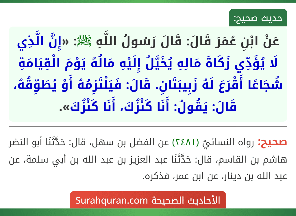 عَنْ ابْنِ عُمَرَ قَالَ: قَالَ رَسُولُ اللَّهِ ﷺ: «إِنَّ الَّذِي لَا يُؤَدِّي زَكَاةَ مَالِهِ يُخَيَّلُ إِلَيْهِ مَالُهُ يَوْمَ الْقِيَامَةِ شُجَاعًا أَقْرَعَ لَهُ زَبِيبَتَانِ. قَالَ: فَيَلْتَزِمُهُ أَوْ يُطَوِّقُهُ، قَالَ: يَقُولُ: أَنَا كَنْزُكَ، أَنَا كَنْزُكَ».