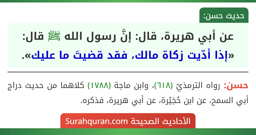 عن أبي هريرة، قال: إنَّ رسول الله ﷺ قال: «إذا أدّيت زكاة مالك، فقد قضيتَ ما عليك».