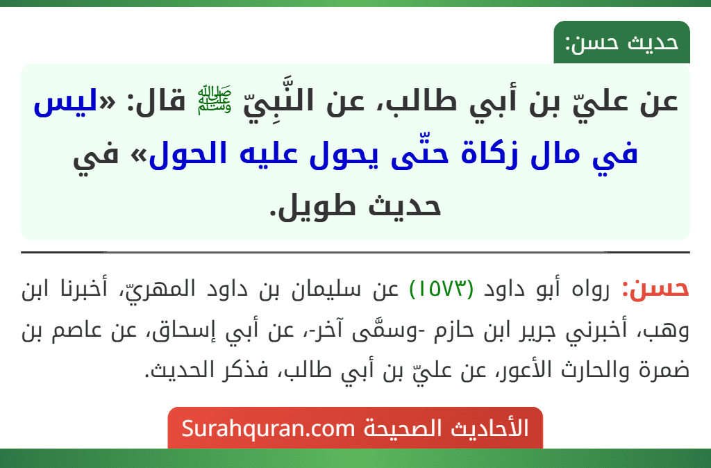 عن عليّ بن أبي طالب، عن النَّبِيّ ﷺ قال: «ليس في مال زكاة حتّى يحول عليه الحول» في حديث طويل.