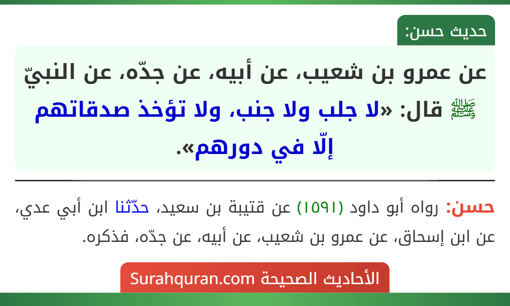 عن عمرو بن شعيب، عن أبيه، عن جدّه، عن النبيّ ﷺ قال: «لا جلب ولا جنب، ولا تؤخذ صدقاتهم إلّا في دورهم».