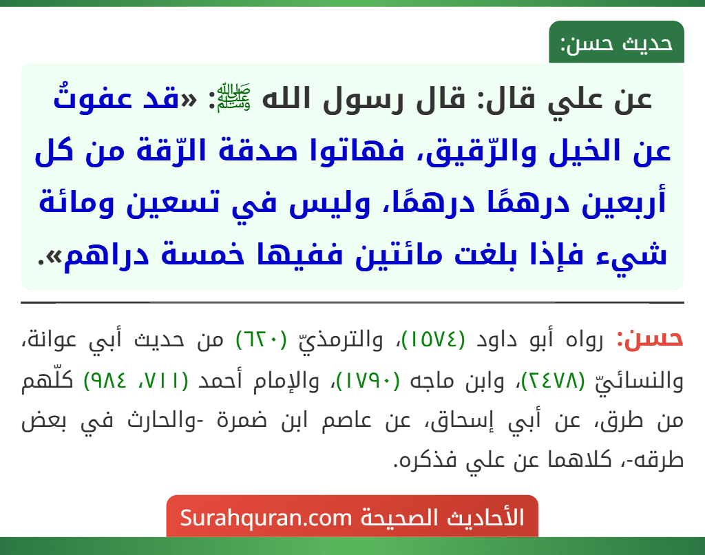 عن علي قال: قال رسول الله ﷺ: «قد عفوتُ عن الخيل والرّقيق، فهاتوا صدقة الرّقة من كل أربعين درهمًا درهمًا، وليس في تسعين ومائة شيء فإذا بلغت مائتين ففيها خمسة دراهم».