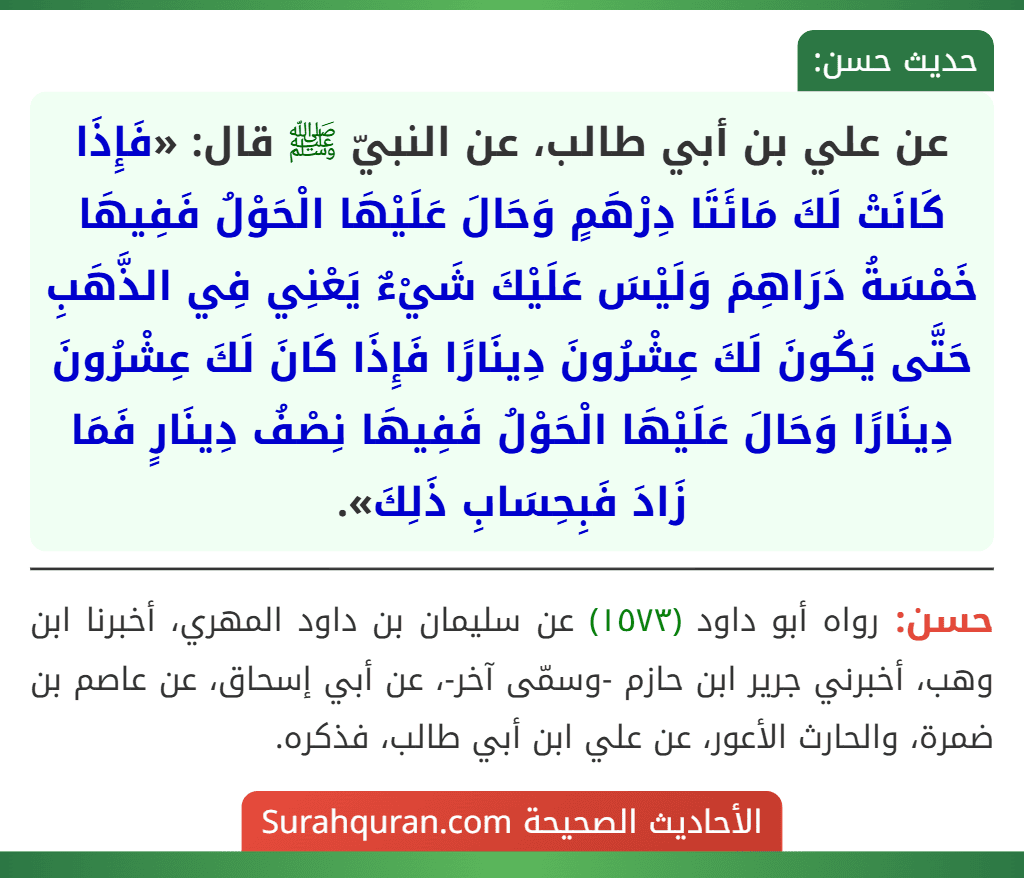 عن علي بن أبي طالب، عن النبيّ ﷺ قال: «فَإِذَا كَانَتْ لَكَ مَائَتَا دِرْهَمٍ وَحَالَ عَلَيْهَا الْحَوْلُ فَفِيهَا خَمْسَةُ دَرَاهِمَ وَلَيْسَ عَلَيْكَ شَيْءٌ يَعْنِي فِي الذَّهَبِ حَتَّى يَكُونَ لَكَ عِشْرُونَ دِينَارًا فَإِذَا كَانَ لَكَ عِشْرُونَ دِينَارًا وَحَالَ عَلَيْهَا الْحَوْلُ فَفِيهَا نِصْفُ دِينَارٍ فَمَا زَادَ فَبِحِسَابِ ذَلِكَ».