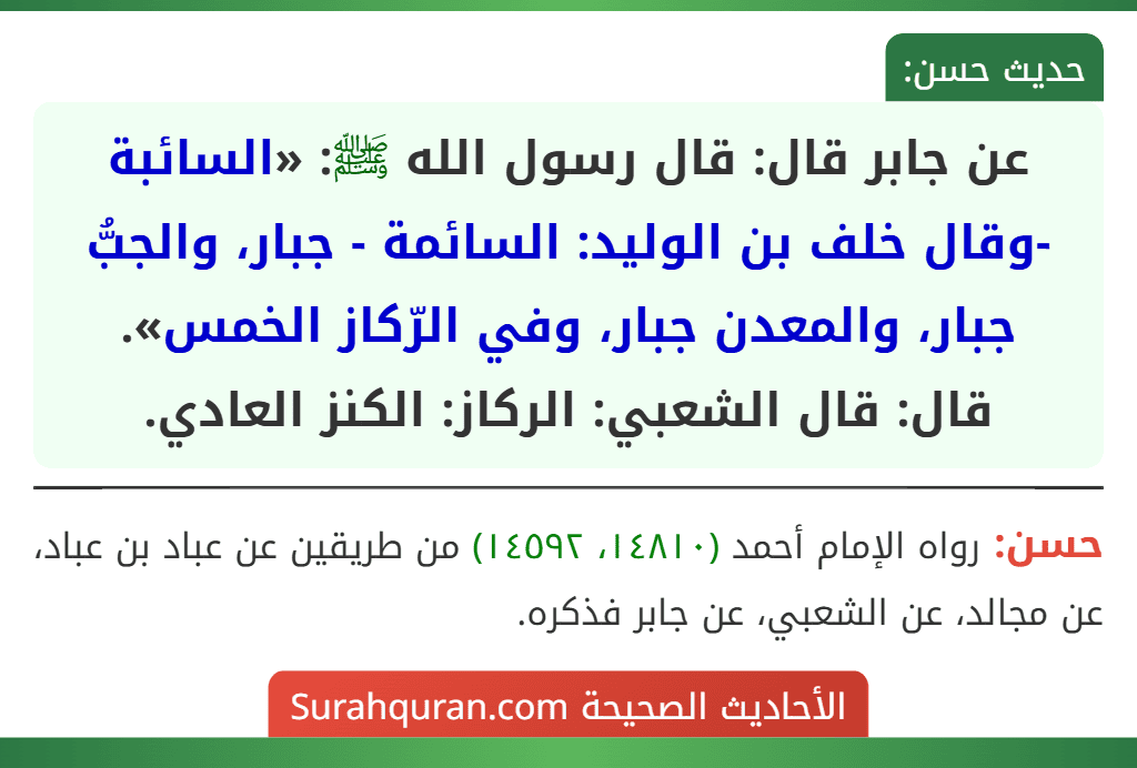 عن جابر قال: قال رسول الله ﷺ: «السائبة -وقال خلف بن الوليد: السائمة - جبار، والجبُّ جبار، والمعدن جبار، وفي الرّكاز الخمس».
قال: قال الشعبي: الركاز: الكنز العادي. عن جابر قال: قال رسول الله ﷺ: «السائبة -وقال خلف بن الوليد: السائمة - جبار، والجبُّ جبار، والمعدن جبار، وفي الرّكاز الخمس».
قال: قال الشعبي: الركاز: الكنز العادي.