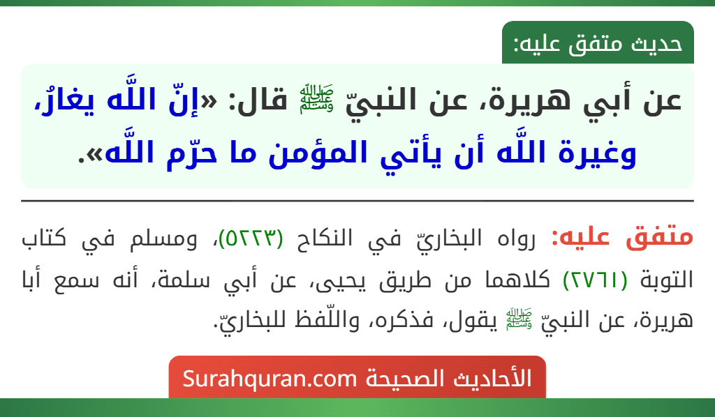 عن أبي هريرة، عن النبيّ ﷺ قال: «إنّ اللَّه يغارُ، وغيرة اللَّه أن يأتي المؤمن ما حرّم اللَّه».