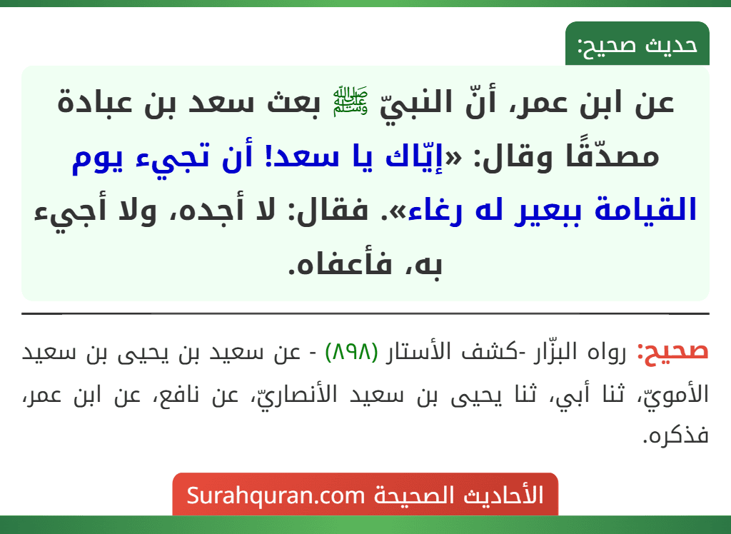 عن ابن عمر، أنّ النبيّ ﷺ بعث سعد بن عبادة مصدّقًا وقال: «إيّاك يا سعد! أن تجيء يوم القيامة ببعير له رغاء». فقال: لا أجده، ولا أجيء به، فأعفاه.
