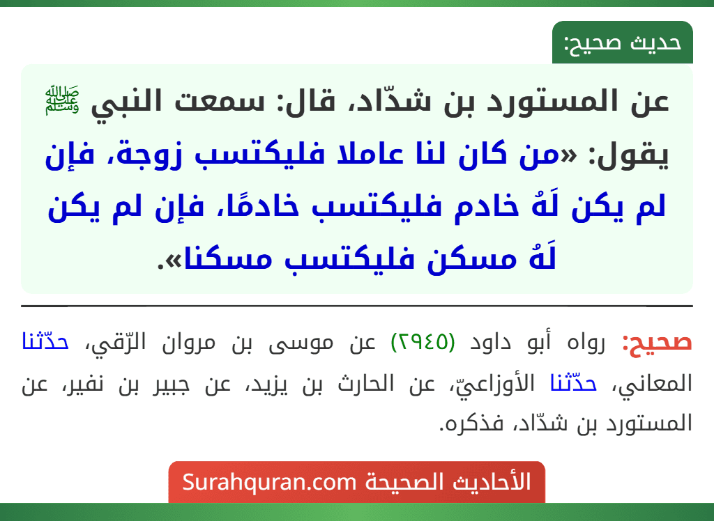عن المستورد بن شدّاد، قال: سمعت النبي ﷺ يقول: «من كان لنا عاملا فليكتسب زوجة، فإن لم يكن لَهُ خادم فليكتسب خادمًا، فإن لم يكن لَهُ مسكن فليكتسب مسكنا».