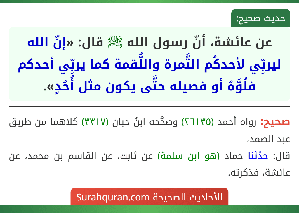 عن عائشة، أنّ رسول الله ﷺ قال: «إنّ الله ليربِّي لأحدكُم التَّمرة واللُّقمة كما يربِّي أحدكم فلُوَّهُ أو فصيله حتَّى يكون مثل أُحُدٍ». عن عائشة، أنّ رسول الله ﷺ قال: «إنّ الله ليربِّي لأحدكُم التَّمرة واللُّقمة كما يربِّي أحدكم فلُوَّهُ أو فصيله حتَّى يكون مثل أُحُدٍ».