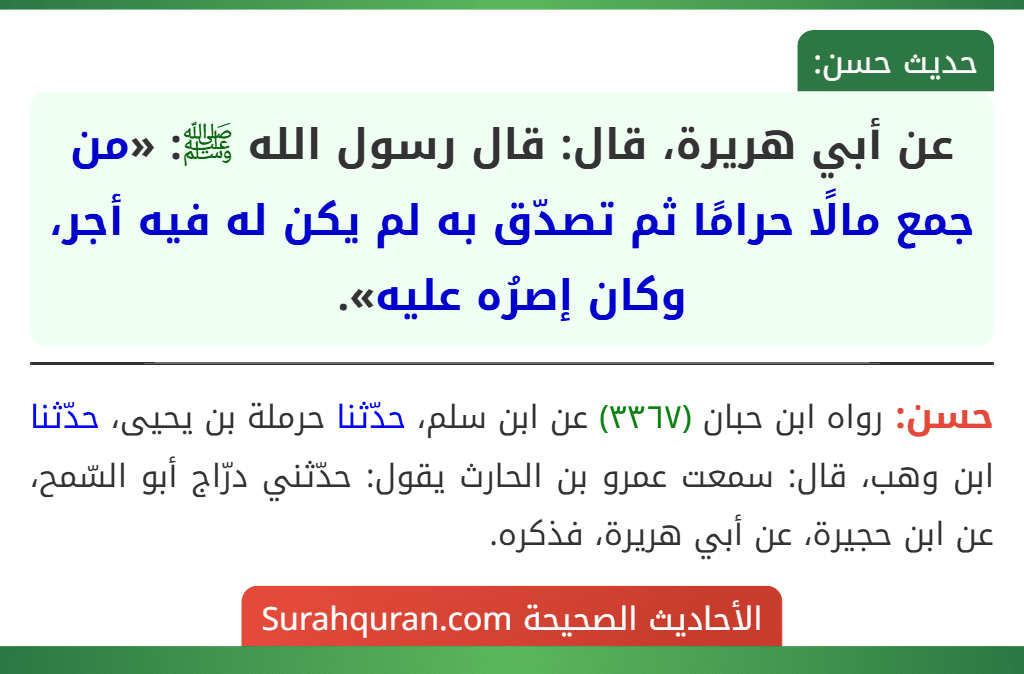 عن أبي هريرة، قال: قال رسول الله ﷺ: «من جمع مالًا حرامًا ثم تصدّق به لم يكن له فيه أجر، وكان إصرُه عليه». عن أبي هريرة، قال: قال رسول الله ﷺ: «من جمع مالًا حرامًا ثم تصدّق به لم يكن له فيه أجر، وكان إصرُه عليه».