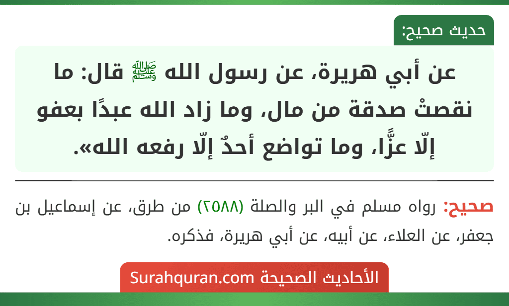 عن أبي هريرة، عن رسول الله ﷺ قال: ما نقصتْ صدقة من مال، وما زاد الله عبدًا بعفو إلّا عزًّا، وما تواضع أحدٌ إلّا رفعه الله». عن أبي هريرة، عن رسول الله ﷺ قال: ما نقصتْ صدقة من مال، وما زاد الله عبدًا بعفو إلّا عزًّا، وما تواضع أحدٌ إلّا رفعه الله».