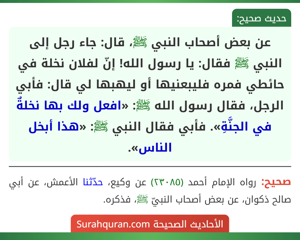 عن بعض أصحاب النبي ﷺ، قال: جاء رجل إلى النبي ﷺ فقال: يا رسول الله! إنّ لفلان نخلة في حائطي فمره فليبعنيها أو ليهبها لي قال: فأبي الرجل، فقال رسول الله ﷺ: «افعل ولك بها نخلةٌ في الجنَّةِ». فأبي فقال النبي ﷺ: «هذا أبخل الناس». عن بعض أصحاب النبي ﷺ، قال: جاء رجل إلى النبي ﷺ فقال: يا رسول الله! إنّ لفلان نخلة في حائطي فمره فليبعنيها أو ليهبها لي قال: فأبي الرجل، فقال رسول الله ﷺ: «افعل ولك بها نخلةٌ في الجنَّةِ». فأبي فقال النبي ﷺ: «هذا أبخل الناس».