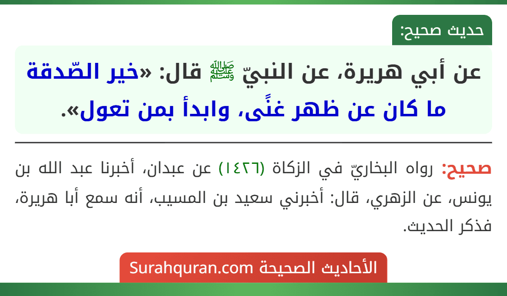 عن أبي هريرة، عن النبيّ ﷺ قال: «خير الصّدقة ما كان عن ظهر غنًى، وابدأ بمن تعول».