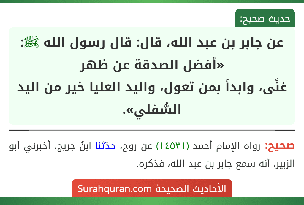 عن جابر بن عبد الله، قال: قال رسول الله ﷺ: «أفضل الصدقة عن ظهر
غنًى، وابدأ بمن تعول، واليد العليا خير من اليد السُّفلي».