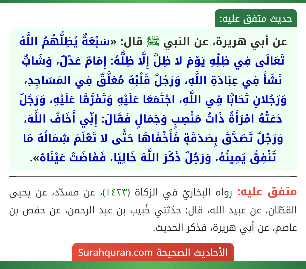 عن أبي هريرة، عن النبي ﷺ قال: «سَبْعَةٌ يُظِلُّهُمُ اللَّهُ تَعَالَى فِي ظِلِّهِ يَوْمَ لا ظِلَّ إِلَّا ظِلُّهُ: إِمَامٌ عَدْلٌ، وَشَابٌّ نَشَأَ فِي عِبَادَةِ اللَّهِ، وَرَجُلٌ قَلْبُهُ مُعَلَّقٌ فِي المَسَاجِدِ، وَرَجُلانِ تَحَابَّا فِي اللَّهِ، اجْتَمَعَا عَلَيْهِ وَتَفَرَّقَا عَلَيْهِ، وَرَجُلٌ دَعَتْهُ امْرَأَةٌ ذَاتُ مَنْصِبٍ وَجَمَالٍ فَقَالَ: إِنِّي أَخَافُ اللَّهَ، وَرَجُلٌ تَصَدَّقَ بِصَدَقَةٍ فَأَخْفَاهَا حَتَّى لا تَعْلَمَ شِمَالُهُ مَا تُنْفِقُ يَمِينُهُ، وَرَجُلٌ ذَكَرَ اللَّهَ خَالِيًا، فَفَاضَتْ عَيْنَاهُ».