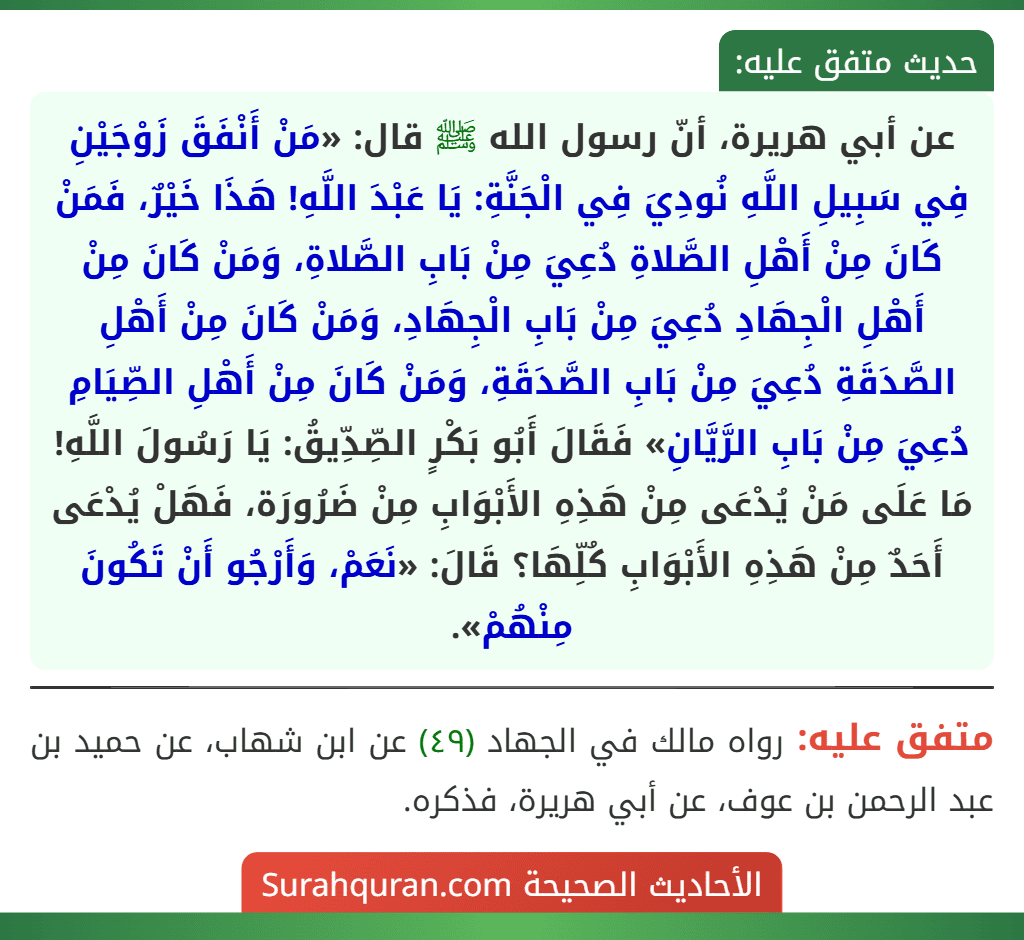 عن أبي هريرة، أنّ رسول الله ﷺ قال: «مَنْ أَنْفَقَ زَوْجَيْنِ فِي سَبِيلِ اللَّهِ نُودِيَ فِي الْجَنَّةِ: يَا عَبْدَ اللَّهِ! هَذَا خَيْرٌ، فَمَنْ كَانَ مِنْ أَهْلِ الصَّلاةِ دُعِيَ مِنْ بَابِ الصَّلاةِ، وَمَنْ كَانَ مِنْ أَهْلِ الْجِهَادِ دُعِيَ مِنْ بَابِ الْجِهَادِ، وَمَنْ كَانَ مِنْ أَهْلِ الصَّدَقَةِ دُعِيَ مِنْ بَابِ الصَّدَقَةِ، وَمَنْ كَانَ مِنْ أَهْلِ الصِّيَامِ دُعِيَ مِنْ بَابِ الرَّيَّانِ» فَقَالَ أَبُو بَكْرٍ الصِّدِّيقُ: يَا رَسُولَ اللَّهِ! مَا عَلَى مَنْ يُدْعَى مِنْ هَذِهِ الأَبْوَابِ مِنْ ضَرُورَة، فَهَلْ يُدْعَى أَحَدٌ مِنْ هَذِهِ الأَبْوَابِ كُلِّهَا؟ قَالَ: «نَعَمْ، وَأَرْجُو أَنْ تَكُونَ مِنْهُمْ». عن أبي هريرة، أنّ رسول الله ﷺ قال: «مَنْ أَنْفَقَ زَوْجَيْنِ فِي سَبِيلِ اللَّهِ نُودِيَ فِي الْجَنَّةِ: يَا عَبْدَ اللَّهِ! هَذَا خَيْرٌ، فَمَنْ كَانَ مِنْ أَهْلِ الصَّلاةِ دُعِيَ مِنْ بَابِ الصَّلاةِ، وَمَنْ كَانَ مِنْ أَهْلِ الْجِهَادِ دُعِيَ مِنْ بَابِ الْجِهَادِ، وَمَنْ كَانَ مِنْ أَهْلِ الصَّدَقَةِ دُعِيَ مِنْ بَابِ الصَّدَقَةِ، وَمَنْ كَانَ مِنْ أَهْلِ الصِّيَامِ دُعِيَ مِنْ بَابِ الرَّيَّانِ» فَقَالَ أَبُو بَكْرٍ الصِّدِّيقُ: يَا رَسُولَ اللَّهِ! مَا عَلَى مَنْ يُدْعَى مِنْ هَذِهِ الأَبْوَابِ مِنْ ضَرُورَة، فَهَلْ يُدْعَى أَحَدٌ مِنْ هَذِهِ الأَبْوَابِ كُلِّهَا؟ قَالَ: «نَعَمْ، وَأَرْجُو أَنْ تَكُونَ مِنْهُمْ».