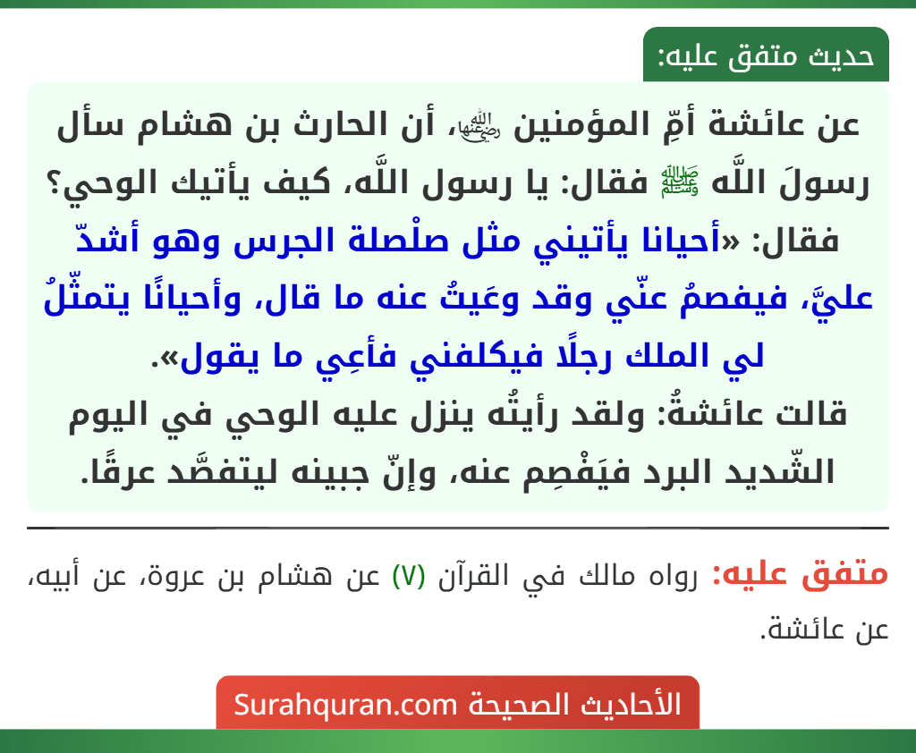 عن عائشة أمِّ المؤمنين ﵂، أن الحارث بن هشام سأل رسولَ اللَّه ﷺ فقال: يا رسول اللَّه، كيف يأتيك الوحي؟ فقال: «أحيانا يأتيني مثل صلْصلة الجرس وهو أشدّ عليَّ، فيفصمُ عنّي وقد وعَيتُ عنه ما قال، وأحيانًا يتمثّلُ لي الملك رجلًا فيكلفني فأعِي ما يقول».
قالت عائشةُ: ولقد رأيتُه ينزل عليه الوحي في اليوم الشّديد البرد فيَفْصِم عنه، وإنّ جبينه ليتفصَّد عرقًا.