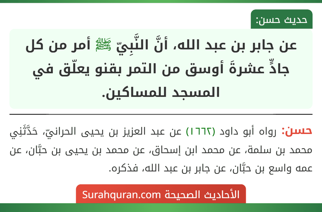 عن جابر بن عبد الله، أنَّ النَّبِيّ ﷺ أمر من كل جادٍّ عشرةَ أوسق من التمر بقنو يعلّق في المسجد للمساكين.