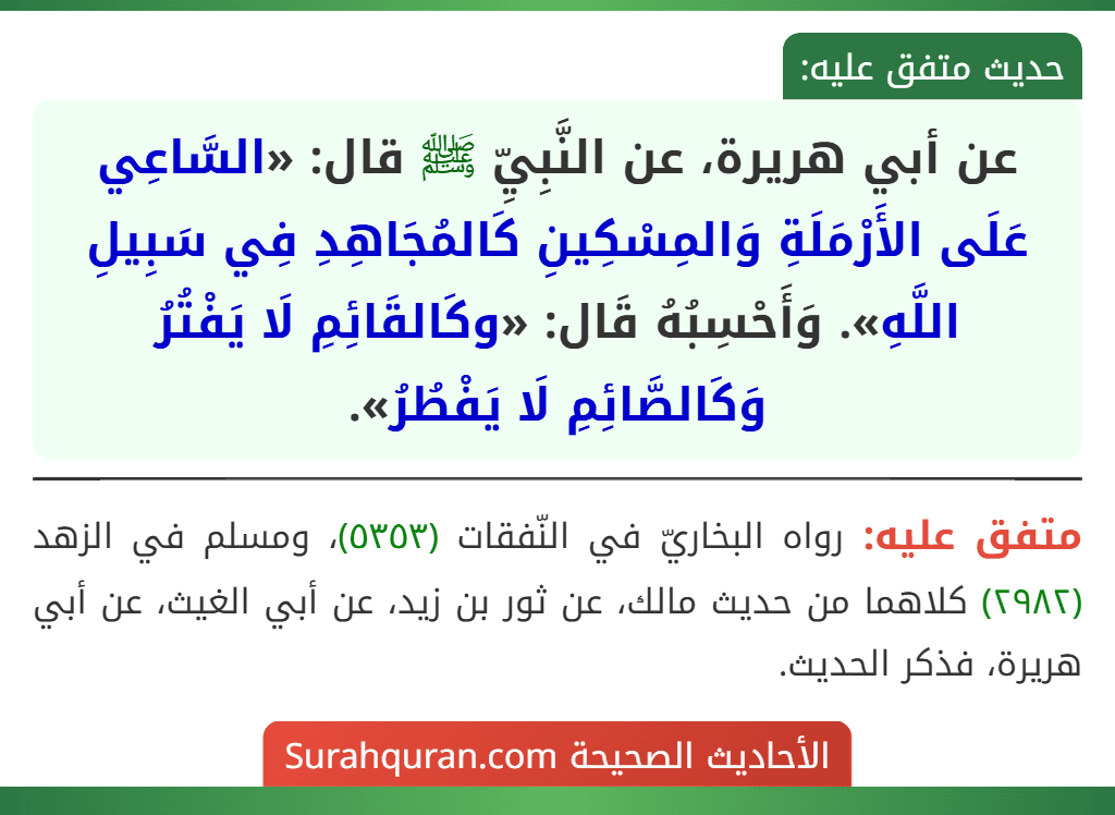 عن أبي هريرة، عن النَّبِيِّ ﷺ قال: «السَّاعِي عَلَى الأَرْمَلَةِ وَالمِسْكِينِ كَالمُجَاهِدِ فِي سَبِيلِ اللَّهِ». وَأَحْسِبُهُ قَال: «وكَالقَائِمِ لَا يَفْتُرُ وَكَالصَّائِمِ لَا يَفْطُرُ».