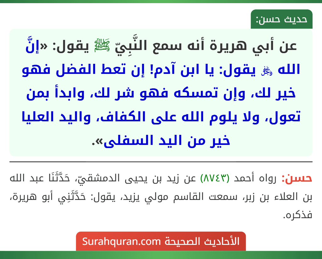 عن أبي هريرة أنه سمع النَّبِيّ ﷺ يقول: «إنَّ الله ﷿ يقول: يا ابن آدم! إن تعط الفضل فهو خير لك، وإن تمسكه فهو شر لك، وابدأ بمن تعول، ولا يلوم الله على الكفاف، واليد العليا خير من اليد السفلى».