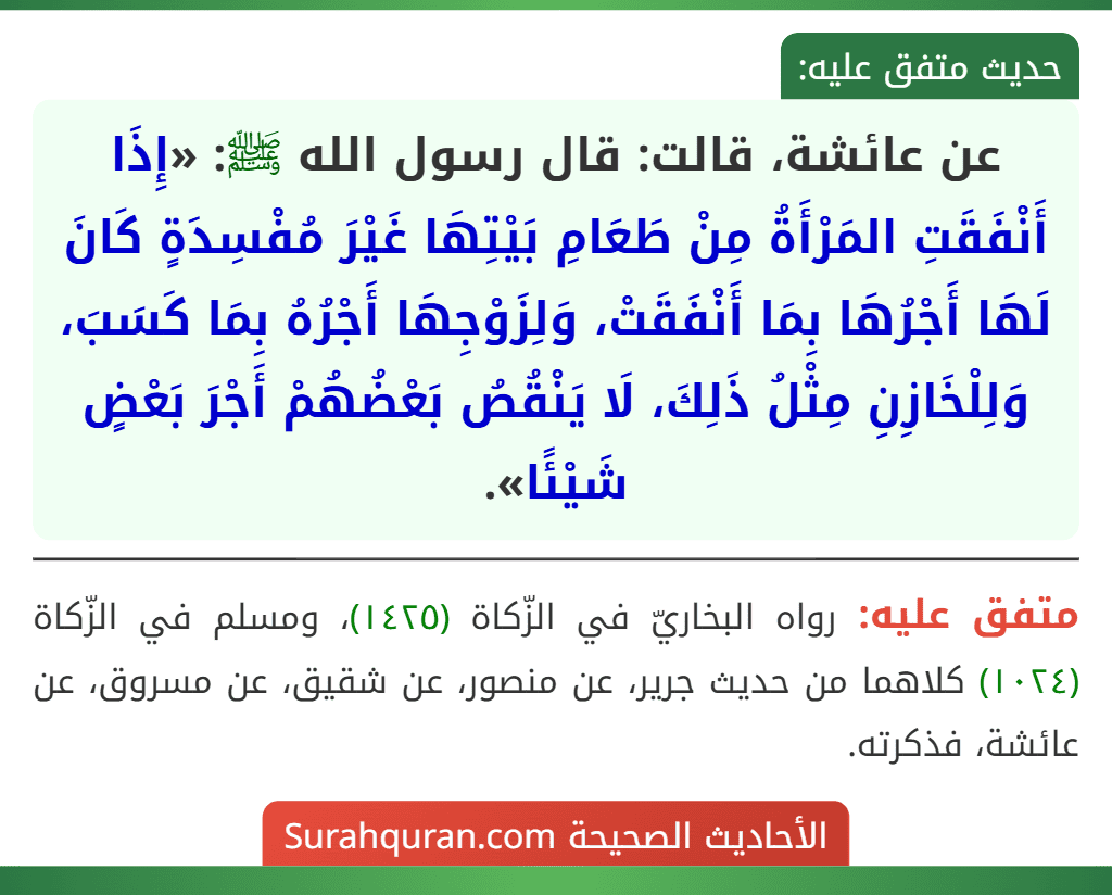 عن عائشة، قالت: قال رسول الله ﷺ: «إِذَا أَنْفَقَتِ المَرْأَةُ مِنْ طَعَامِ بَيْتِهَا غَيْرَ مُفْسِدَةٍ كَانَ لَهَا أَجْرُهَا بِمَا أَنْفَقَتْ، وَلِزَوْجِهَا أَجْرُهُ بِمَا كَسَبَ، وَلِلْخَازِنِ مِثْلُ ذَلِكَ، لَا يَنْقُصُ بَعْضُهُمْ أَجْرَ بَعْضٍ شَيْئًا».