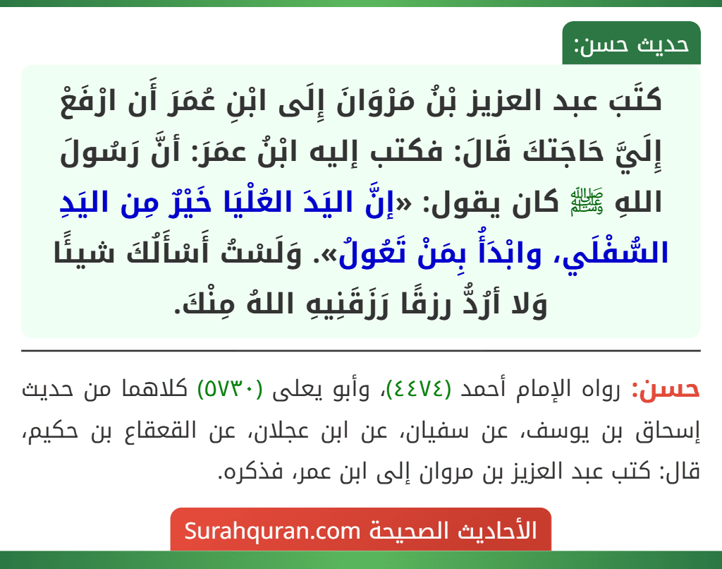 كتَبَ عبد العزيز بْنُ مَرْوَانَ إِلَى ابْنِ عُمَرَ أَن ارْفَعْ إِلَيَّ حَاجَتكَ قَالَ: فكتب إليه ابْنُ عمَرَ: أنَّ رَسُولَ اللهِ ﷺ كان يقول: «إنَّ اليَدَ العُلْيَا خَيْرٌ مِن اليَدِ السُّفْلَي، وابْدَأُ بِمَنْ تَعُولُ». وَلَسْتُ أَسْأَلُكَ شيئًا وَلا أرُدُّ رزقًا رَزَقَنِيهِ اللهُ مِنْكَ. كتَبَ عبد العزيز بْنُ مَرْوَانَ إِلَى ابْنِ عُمَرَ أَن ارْفَعْ إِلَيَّ حَاجَتكَ قَالَ: فكتب إليه ابْنُ عمَرَ: أنَّ رَسُولَ اللهِ ﷺ كان يقول: «إنَّ اليَدَ العُلْيَا خَيْرٌ مِن اليَدِ السُّفْلَي، وابْدَأُ بِمَنْ تَعُولُ». وَلَسْتُ أَسْأَلُكَ شيئًا وَلا أرُدُّ رزقًا رَزَقَنِيهِ اللهُ مِنْكَ.