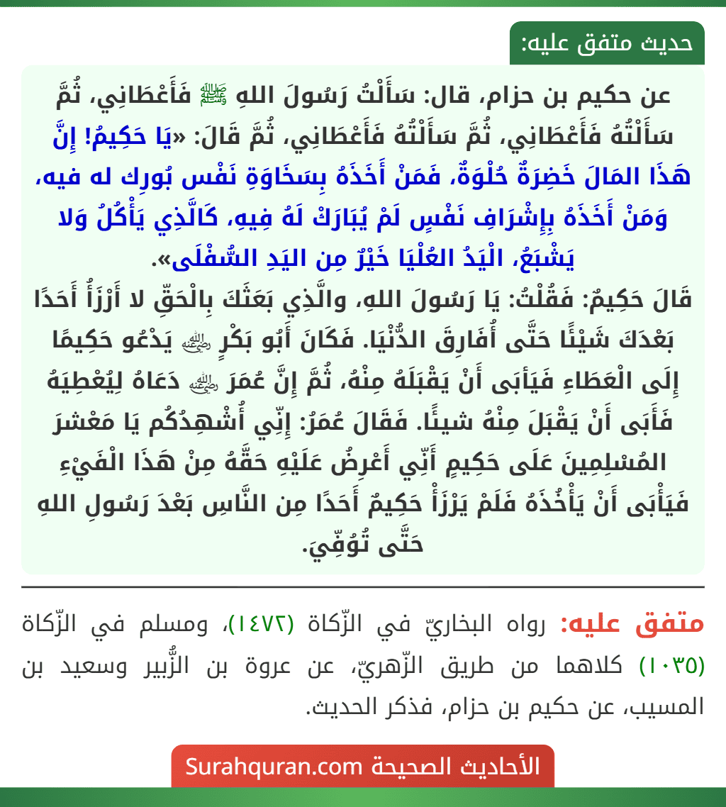 عن حكيم بن حزام، قال: سَأَلْتُ رَسُولَ اللهِ ﷺ فَأَعْطَانِي، ثُمَّ سَأَلْتُهُ فَأَعْطَانِي، ثُمَّ سَأَلْتُهُ فَأَعْطَانِي، ثُمَّ قَالَ: «يَا حَكِيمُ! إِنَّ هَذَا المَالَ خَضِرَةٌ حُلْوَةٌ، فَمَنْ أَخَذَهُ بِسَخَاوَةِ نَفْس بُورِك له فيه، وَمَنْ أَخَذَهُ بِإِشْرَافِ نَفْسٍ لَمْ يُبَارَكْ لَهُ فِيهِ، كَالَّذِي يَأْكُلُ وَلا يَشْبَعُ، الْيَدُ العُلْيَا خَيْرٌ مِن اليَدِ السُّفْلَى».
قَالَ حَكِيمٌ: فَقُلْتُ: يَا رَسُولَ اللهِ، والَّذِي بَعَثَكَ بِالْحَقِّ لا أَرْزَأُ أَحَدًا بَعْدَكَ شَيْئًا حَتَّى أُفَارِقَ الدُّنْيَا. فَكَانَ أَبُو بَكْرٍ ﵁ يَدْعُو حَكِيمًا إِلَى الْعَطَاءِ فَيَأبَى أَنْ يَقْبَلَهُ مِنْهُ، ثُمَّ إِنَّ عُمَرَ ﵁ دَعَاهُ لِيُعْطِيَهُ فَأَبَى أَنْ يَقْبَلَ مِنْهُ شيئًا. فَقَالَ عُمَرُ: إِنِّي أُشْهِدُكُم يَا مَعْشرَ المُسْلِمِينَ عَلَى حَكِيمٍ أَنِّي أَعْرِضُ عَلَيْهِ حَقَّهُ مِنْ هَذَا الْفَيْءِ فَيَأْبَى أَنْ يَأْخُذَهُ فَلَمْ يَرْزَأْ حَكِيمٌ أَحَدًا مِن النَّاسِ بَعْدَ رَسُولِ اللهِ حَتَّى تُوُفِّيَ.