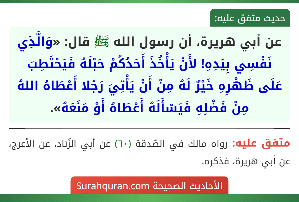 عن أبي هريرة، أن رسول الله ﷺ قال: «وَالَّذِي نَفْسِي بِيَدِهِ! لأَنْ يَأْخُذَ أَحَدُكُمْ حَبْلَهُ فَيَحْتَطِبَ عَلَى ظَهْرِهِ خَيْرٌ لَهُ مِنْ أَنْ يَأْتِيَ رَجُلا أَعْطَاهُ اللهُ مِنْ فَضْلِهِ فَيَسْأَلَهُ أَعْطَاهُ أَوْ مَنَعَهُ».