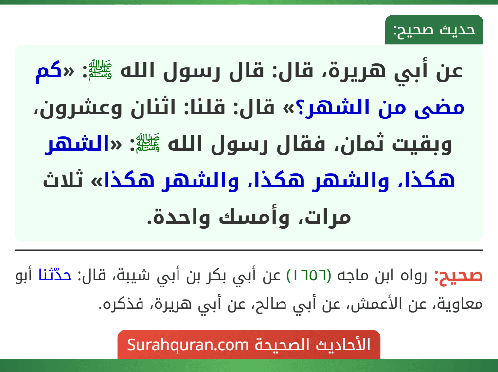 عن أبي هريرة، قال: قال رسول الله ﷺ: «كم مضى من الشهر؟» قال: قلنا: اثنان وعشرون، وبقيت ثمان، فقال رسول الله ﷺ: «الشهر هكذا، والشهر هكذا، والشهر هكذا» ثلاث مرات، وأمسك واحدة.