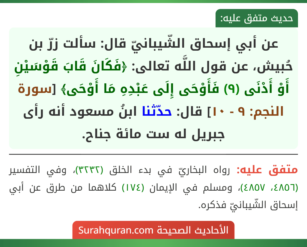 عن أبي إسحاق الشّيبانيّ قال: سألت زرّ بن حُبيش، عن قول اللَّه تعالى: ﴿فَكَانَ قَابَ قَوْسَيْنِ أَوْ أَدْنَى (٩) فَأَوْحَى إِلَى عَبْدِهِ مَا أَوْحَى﴾ [سورة النجم: ٩ - ١٠] قال: حدّثنا ابنُ مسعود أنه رأى جبريل له ست مائة جناح.