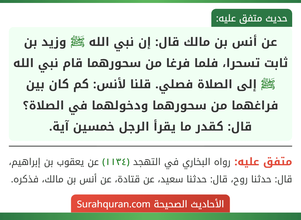 عن أنس بن مالك قال: إن نبي الله ﷺ وزيد بن ثابت تسحرا، فلما فرغا من سحورهما قام نبي الله ﷺ إلى الصلاة فصلي. قلنا لأنس: كم كان بين فراغهما من سحورهما ودخولهما في الصلاة؟ قال: كقدر ما يقرأ الرجل خمسين آية.