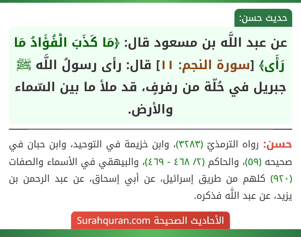 عن عبد اللَّه بن مسعود قال: ﴿مَا كَذَبَ الْفُؤَادُ مَا رَأَى﴾ [سورة النجم: ١١] قال: رأى رسولُ اللَّه ﷺ جبريل في حُلّة من رفرفٍ، قد ملأ ما بين السّماء والأرض.